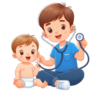 a cartoon of a doctor holding a stethoscope to a baby